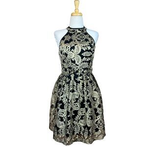 Emerald Sundae Black and Gold Embroidered Tulle Mock Neck Dress Size 9 (Junior)